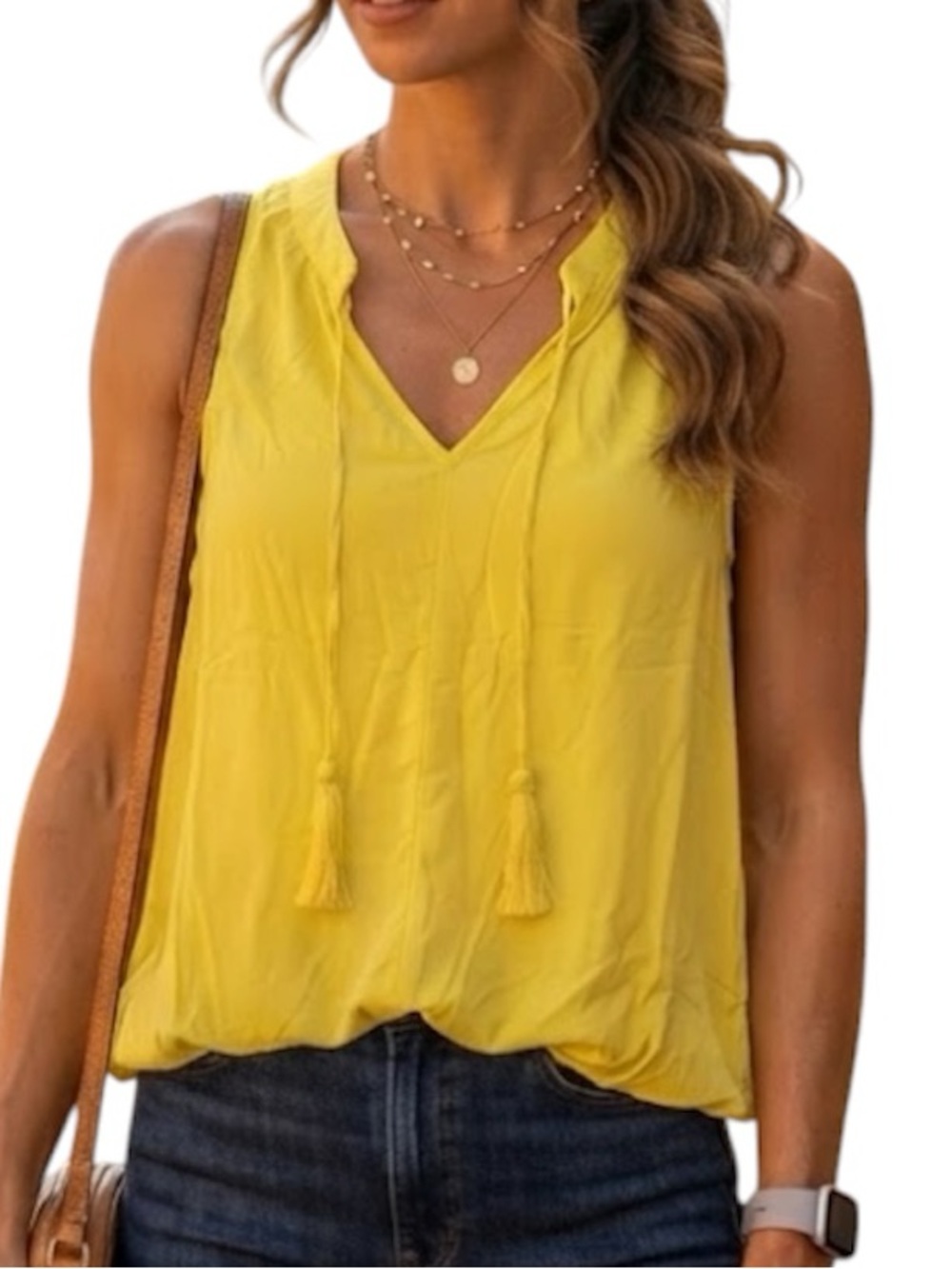 BANANA REPUBLIC V-Cut Sleeveless Tank Top Boho Tassel Tie Yellow M